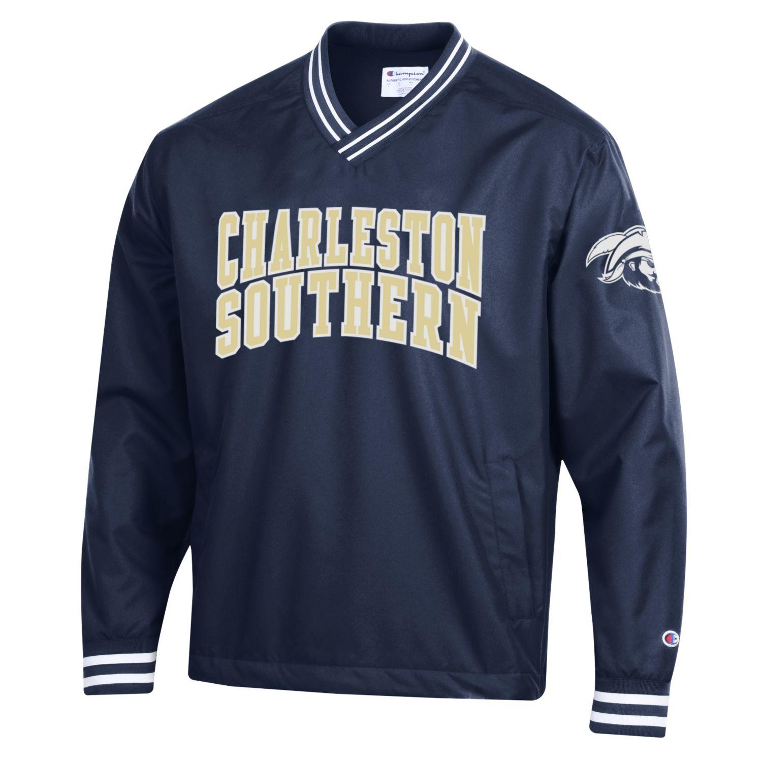 Champion V Neck Scout Jacket With Striped Neck w Cuffs Navy Charleston Southern Univ. Campus Store